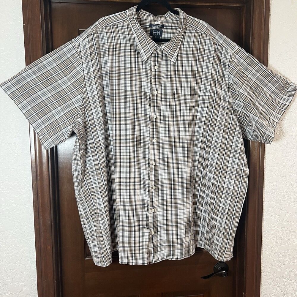 Harbor Bay Men's Short Sleeve Collared Shirt Brown Plaid Seersucker 5XL